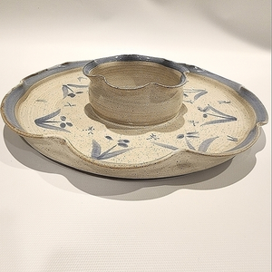 Blue‎ Floral Dragonfly Pottery Chip and Dip Set